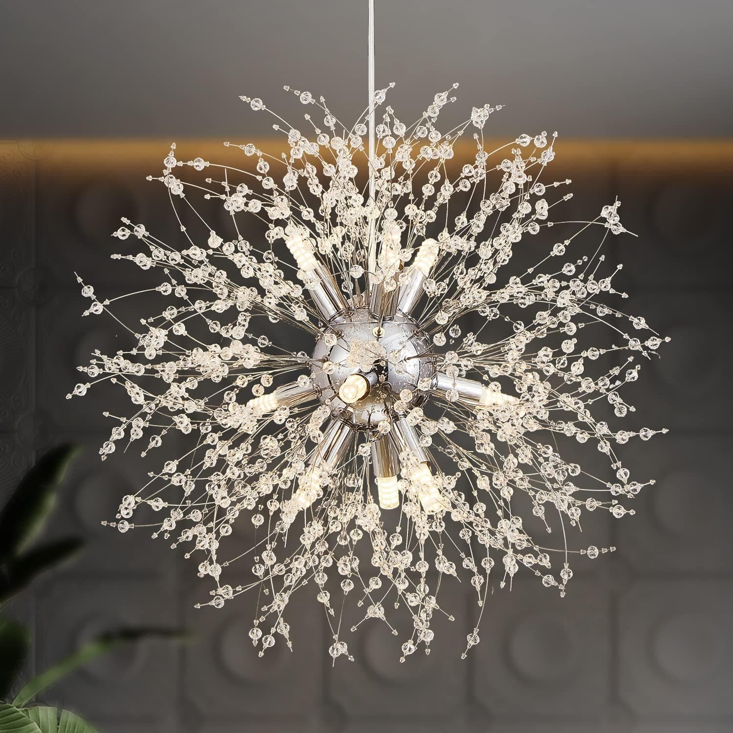 Hoeuns Modern Crystal Chandeliers for Dining Room, 9-Light Dandelion Firework Chandeliers Pendant Lights Fixture, Semi Flush Mount Chandeliers for Living Room, Bedroom, Hallway- G9 Sockets