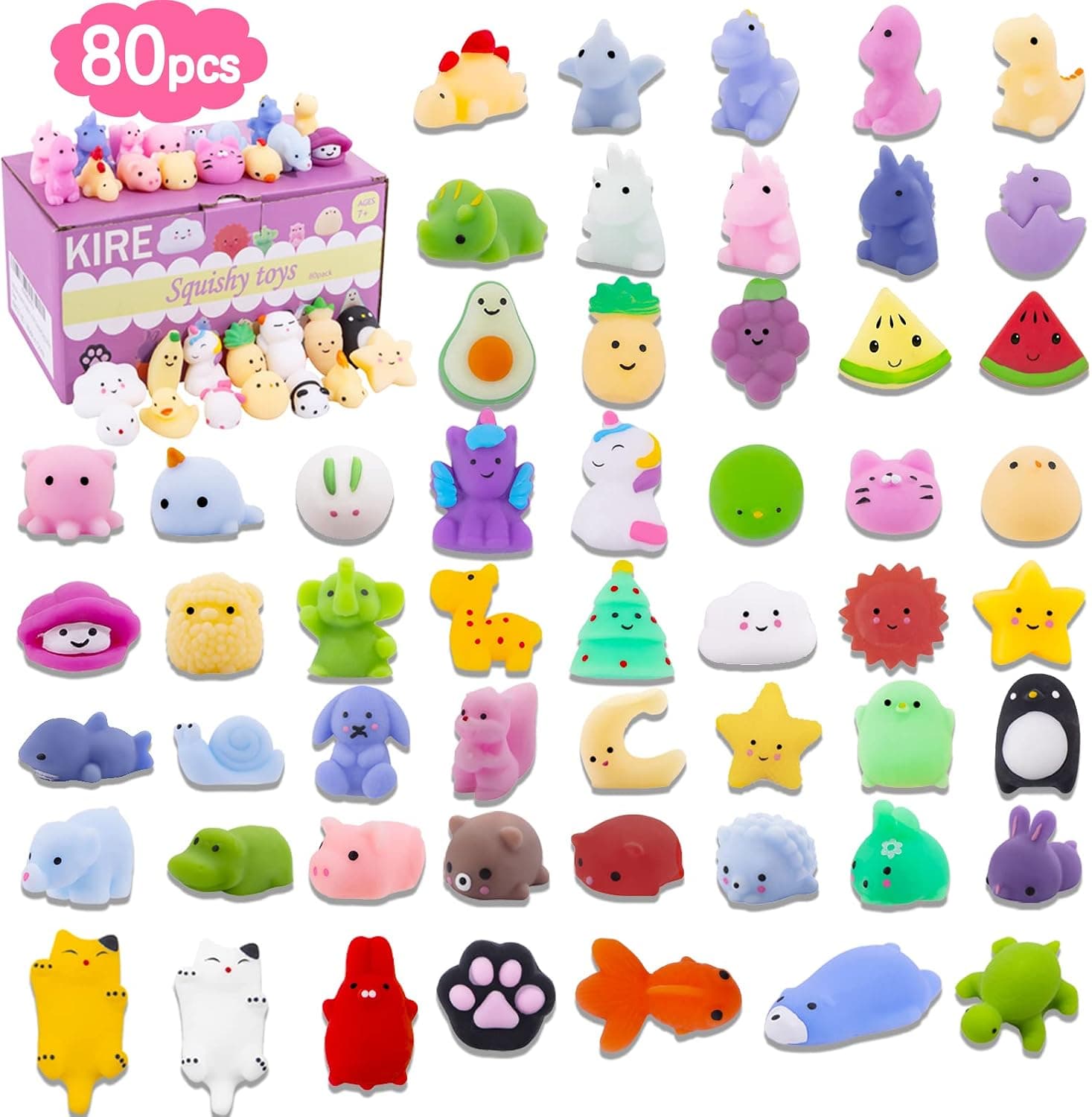 KIRE 80Pcs Mochi Squishy Toys for Kids Party Favors- Cute Squishies Animals Fruit- Stress Relief Toys Bluk for Easter Egg Fillers-Easter Basket Stuffers for Boys and Girls