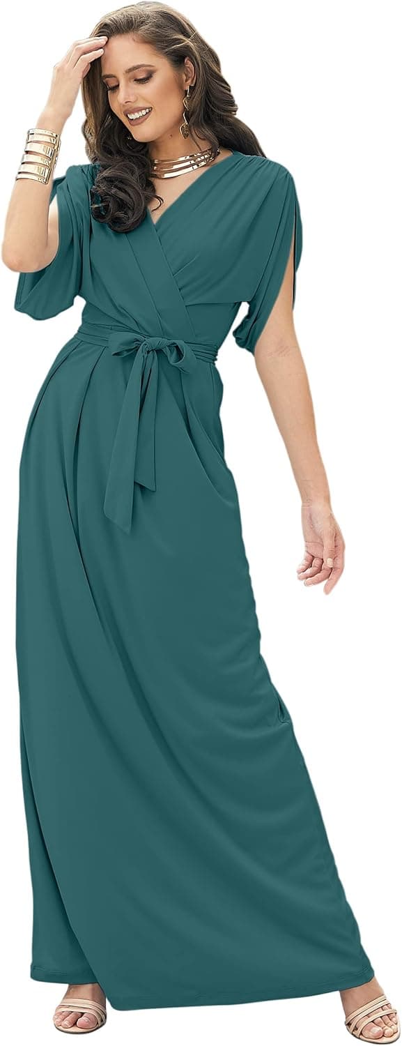 KOH KOH Formal Short Sleeve Cocktail Flowy V-Neck Gown