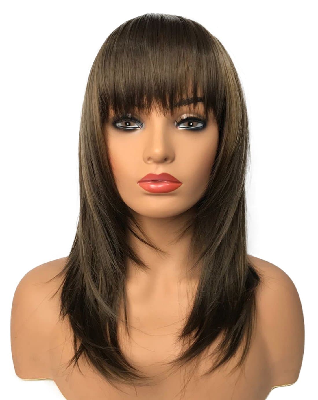 Wiginway Women Medium Straight Brown Wigs with Bangs Remy Hair Replacement Hairpieces Fashion Natural Looking 14 Inch