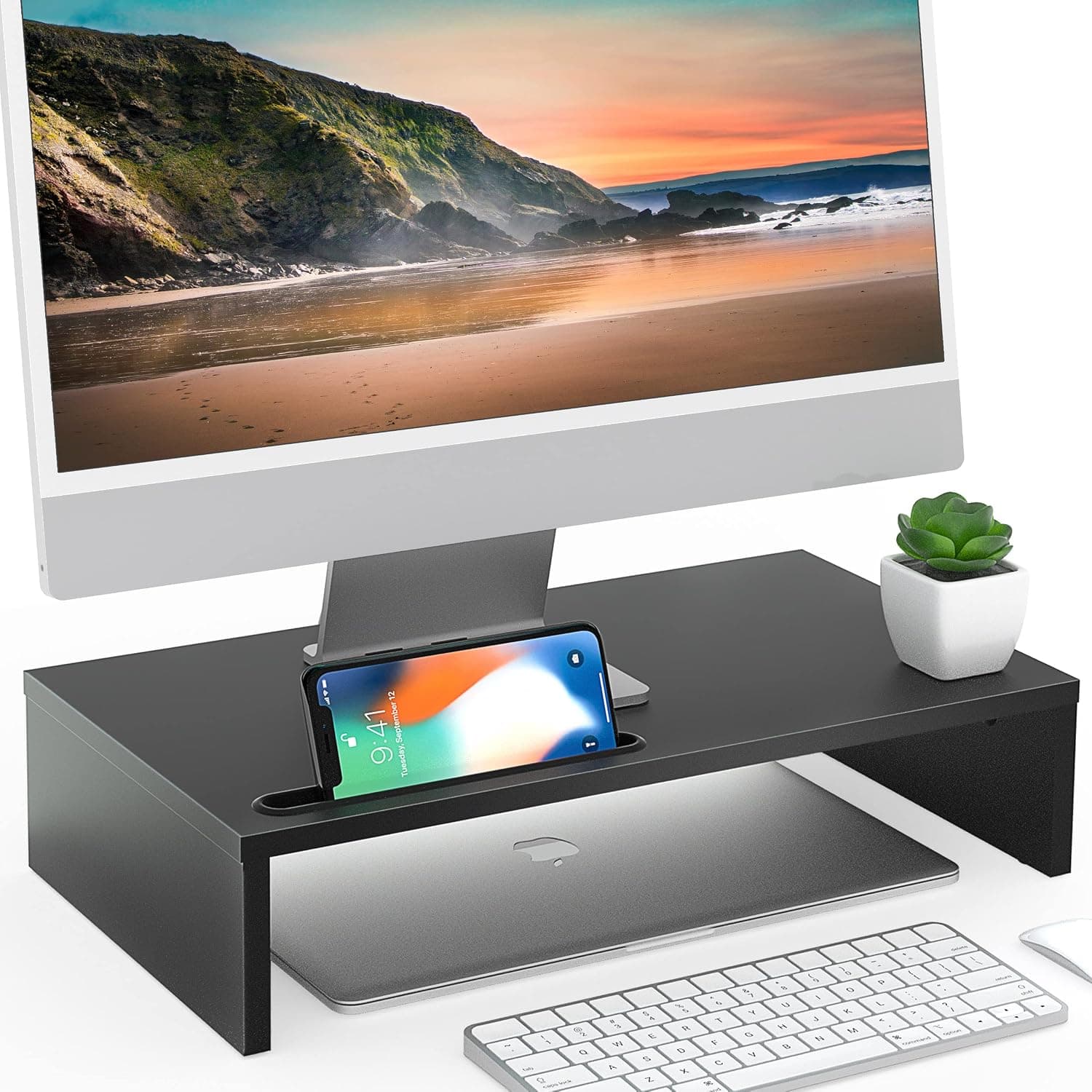 FITUEYES Monitor Stand - Computer Monitor Riser with 16.7 Inch Shelf, Wood Desktop Stand for Laptop Computer Screen, Desk Organization, Office Supplies with Phone Holder