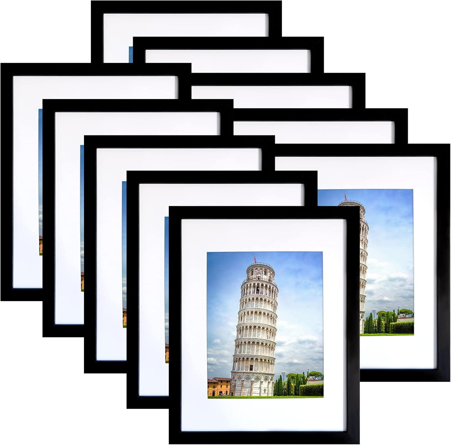 SESEAT 8x10 Picture Frame Set of 10, Display Pictures 5x7 with Mat or 8x10 Prints without Mat, Tabletop or Wall Mounting, Black