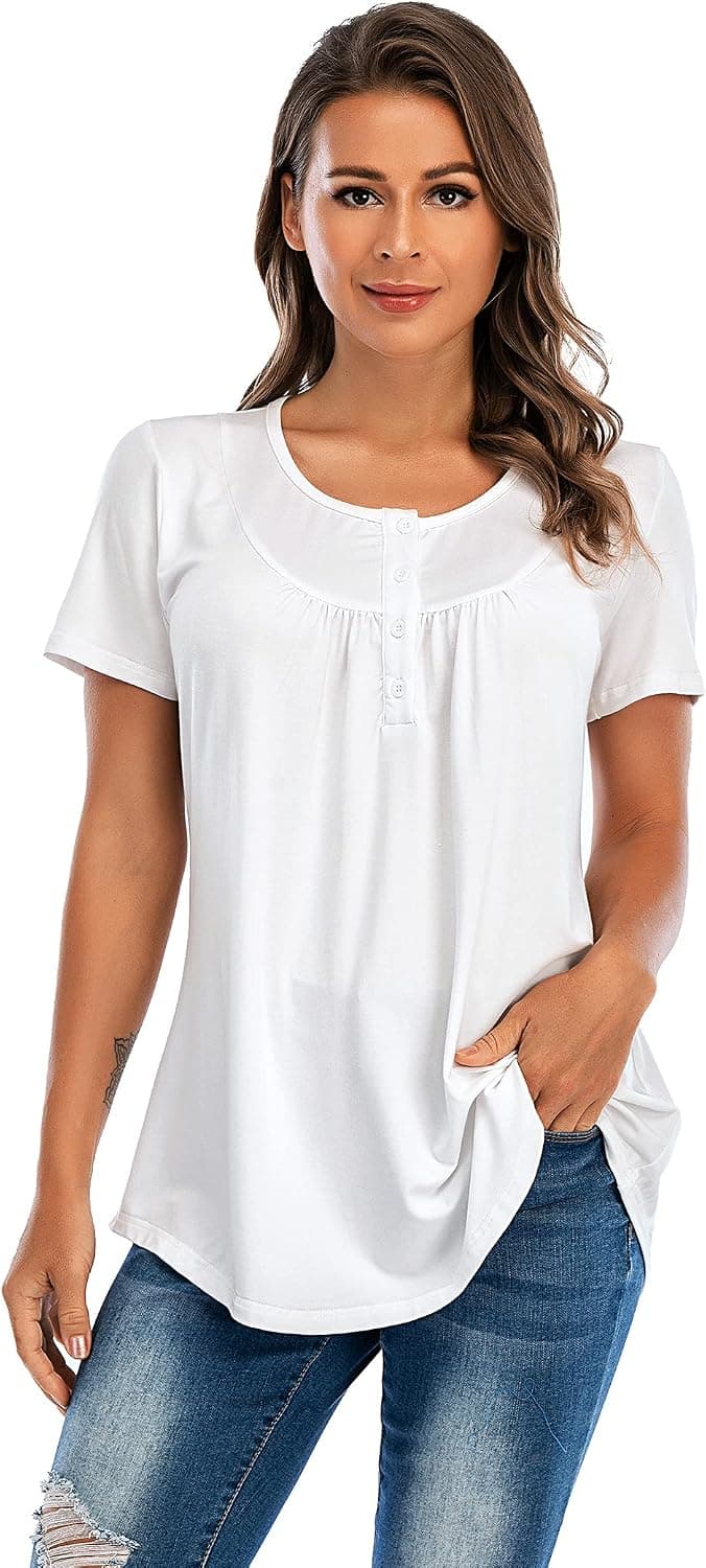 Women's Casual Short Sleeve V Neck Henley T-Shirts Button Up Tunic Tee Tops
