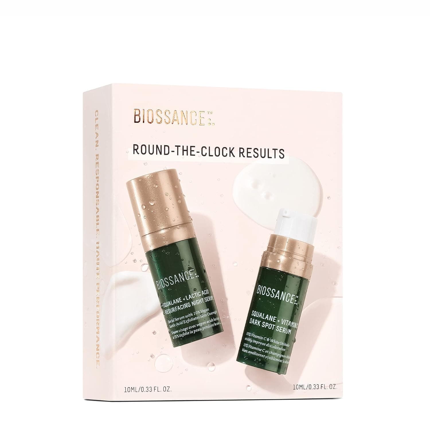 Biossance Round the Clock Results Set. Travel Size Set of 1 Squalane + Lactic Acid Night Serum (0.3 oz) Bundle with 1 Squalane + Vitamin C Dark Spot Serum (0.3 oz) for Clear, Glowing Skin