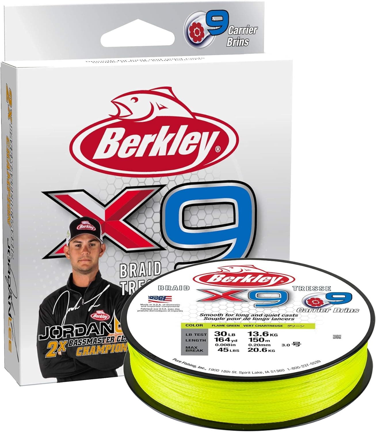 Berkley Jordan Lee x9 Braid Superline, Flame Green, 30-Pound Break Strength, 164yd Fishing Line, Suitable for Freshwater and Saltwater Environments