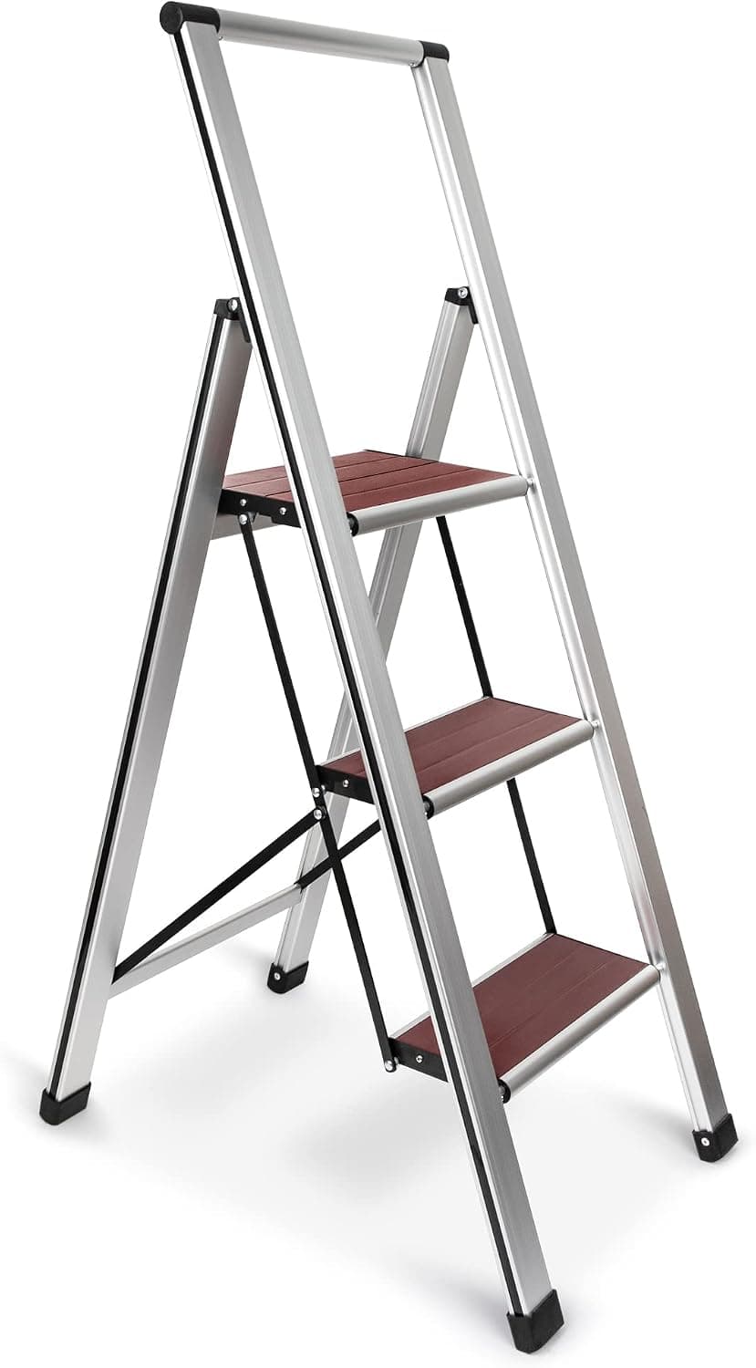 Step Ladder 3 Step Folding, Decorative - Beautiful Mahogany & Silver Aluminum, Ultra Slim Profile, Anti Slip Steps, Sturdy-Portable for Home, Office, Kitchen, Photography Use,by SORFEY
