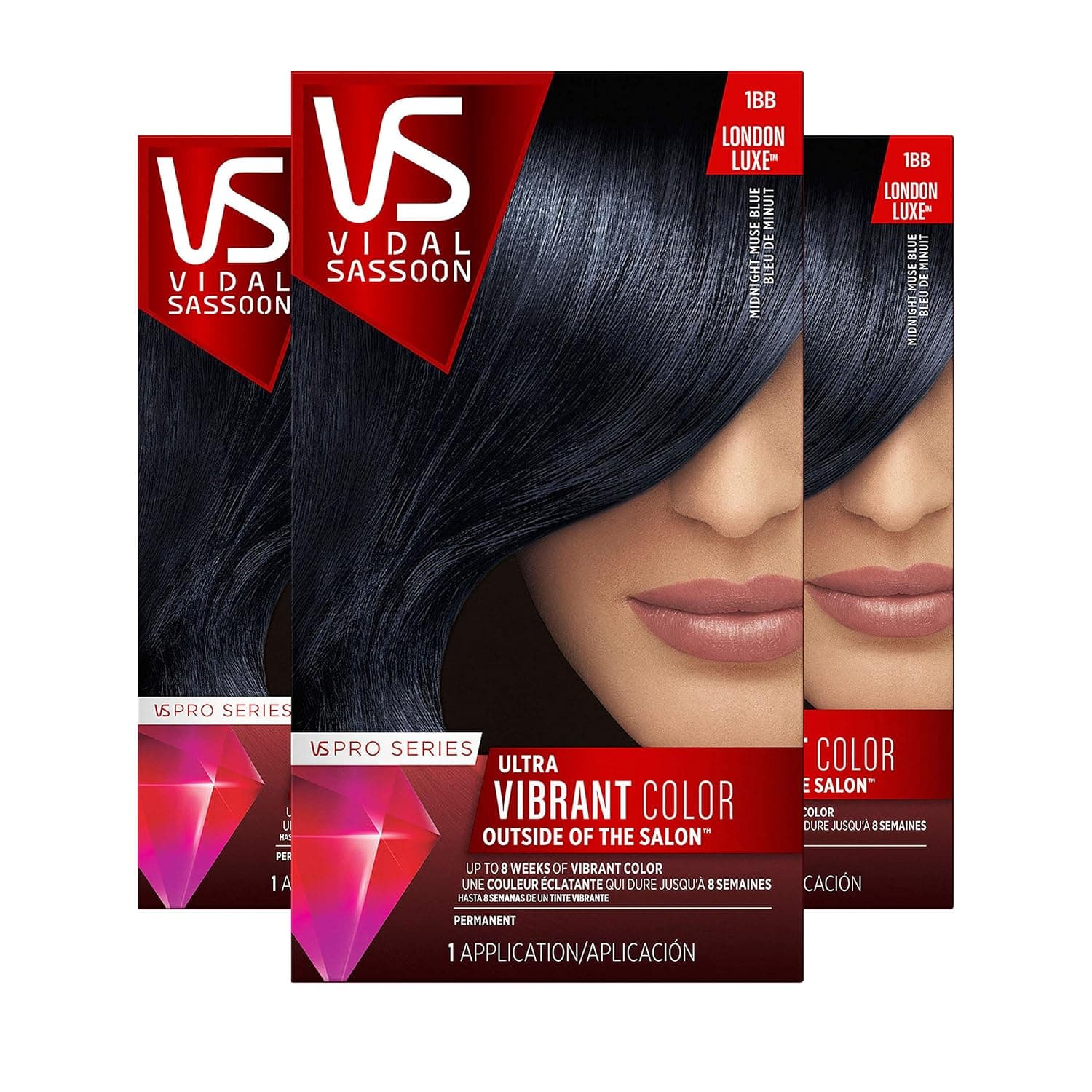 Vidal Sassoon Pro Series Permanent Hair Dye, 1BB Midnight Muse Blue Hair Color, Pack of 3