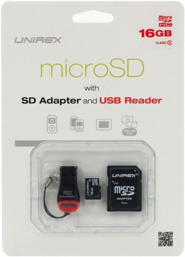 Unirex 16GB Class 6 microSDHC Flash Memory Card with SD Adapter and USB Reader