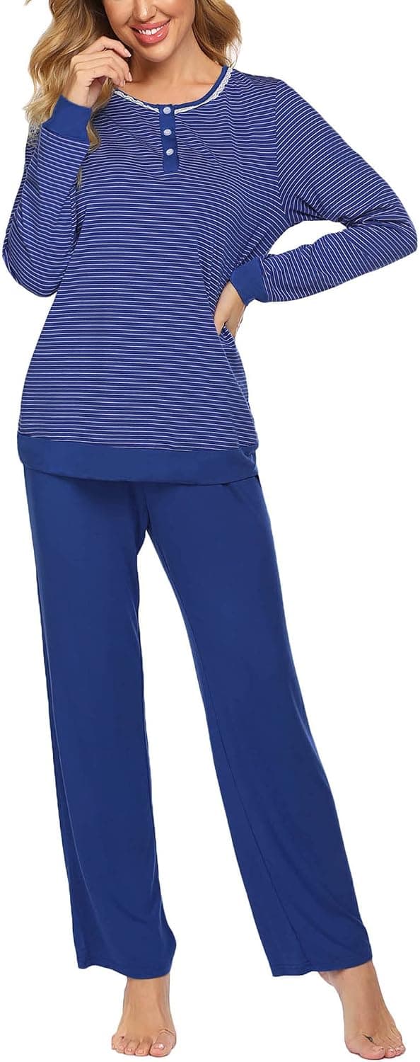 Ekouaer Women Long Sleeve Pajama Sets Striped Henley Top Soft Long Pajama Pants 2 Piece Sleepwear Comfy Pj Set
