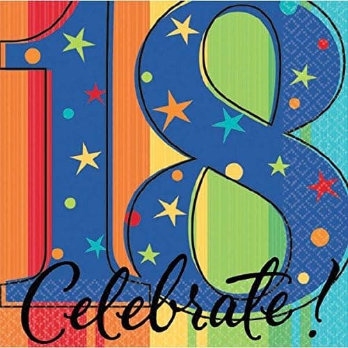 amscan 18th Birthday Party Stars and Rainbow Beverage Napkins Tableware, 16 Pieces, Made from Paper, Multicolor, 5"x5"
