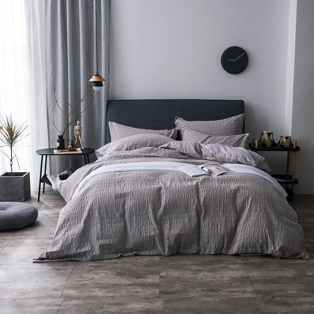Merryfeel Seersucker 100% Cotton Yarn Dyed Duvet Cover Set - Grey,Full/Queen