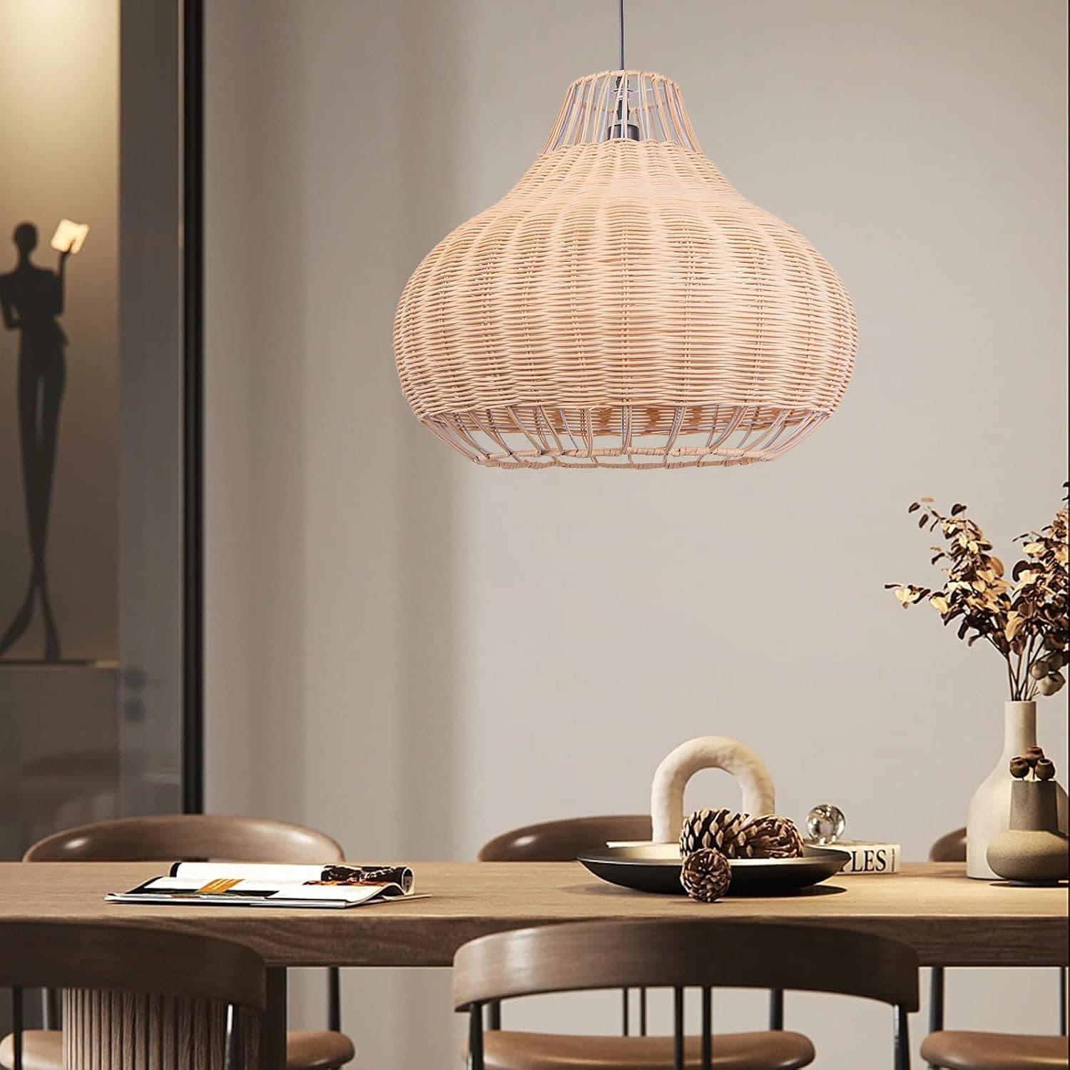Arturesthome 1-Light Pendant Lighting Rattan Hanging Light Weaving Natural Ceiling Light Wicker Chandelier for Dining Room Living Room