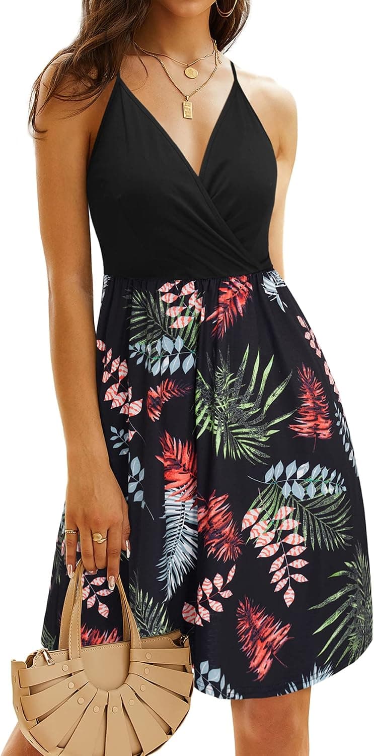 LAISHEN Women's Sundress V Neck Floral Spaghetti Strap Casual Backless Swing Wrap Dress with Pocket