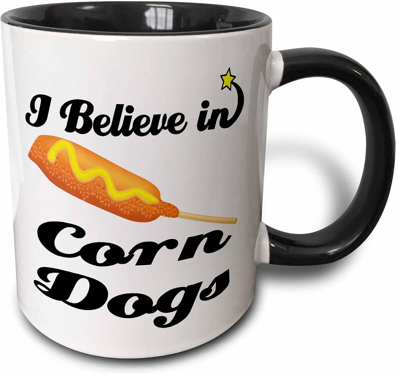 3dRose I Believe in Corn Dogs Two Tone Mug, 11 oz, Black/White