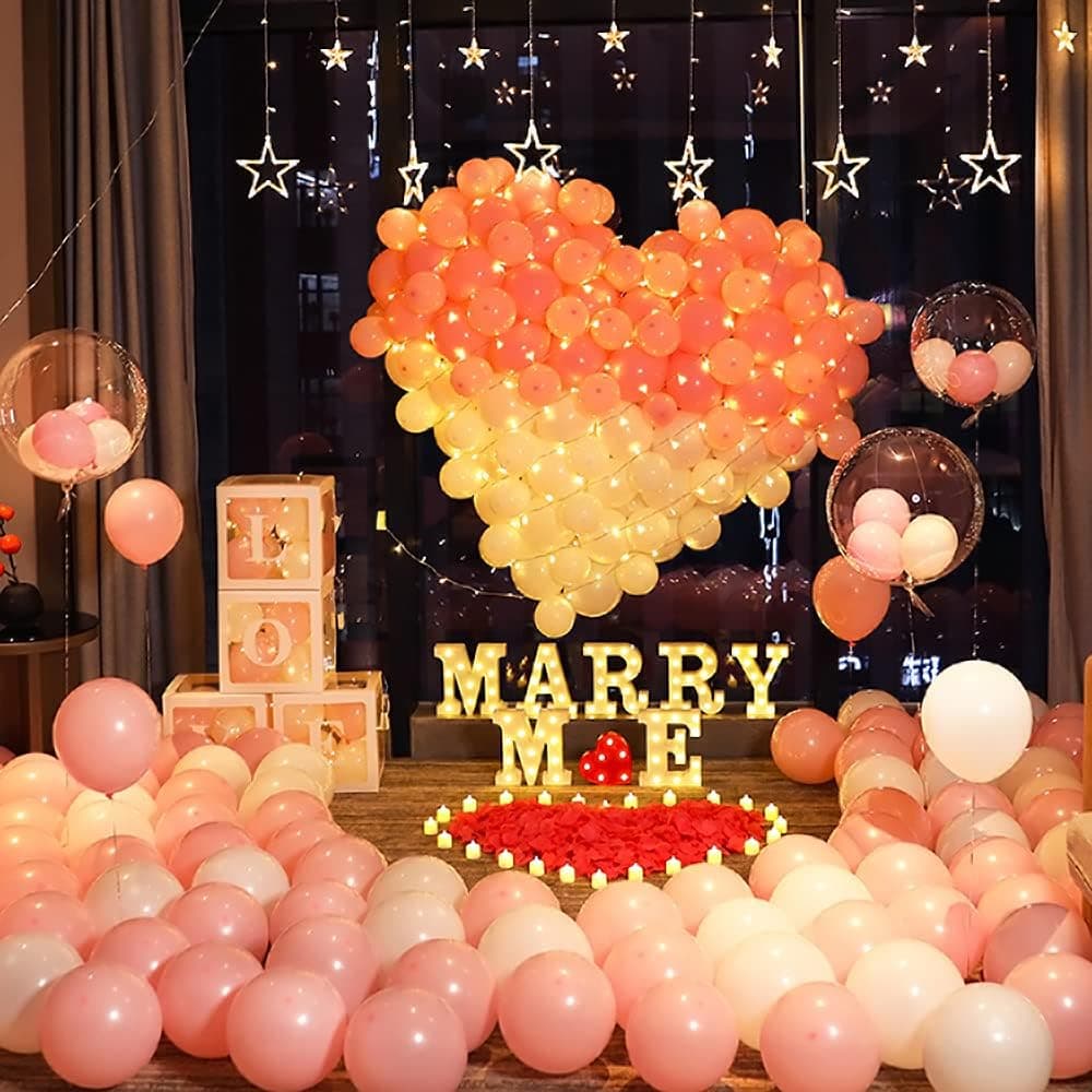 Brightdeco Proposal Decorations Set Marry Me Sign Light Up Letters with Banner Balloons Air Pump Rose Petals and Led String Lights Decor for Wedding