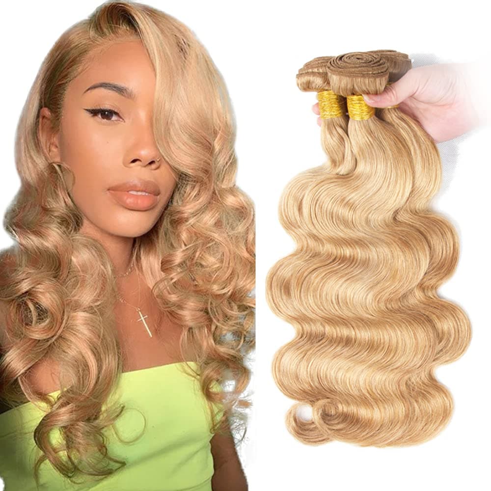 Ombre Body Wave Bundles Human Hair Bundles P27/613 Blonde Bundles Brazilian Unprocessed Virgin Body Wave Hair Weave 3 Bundles 12 14 16 Inch Honey Blonde Bundles Remy Hair Extensions Double Weft