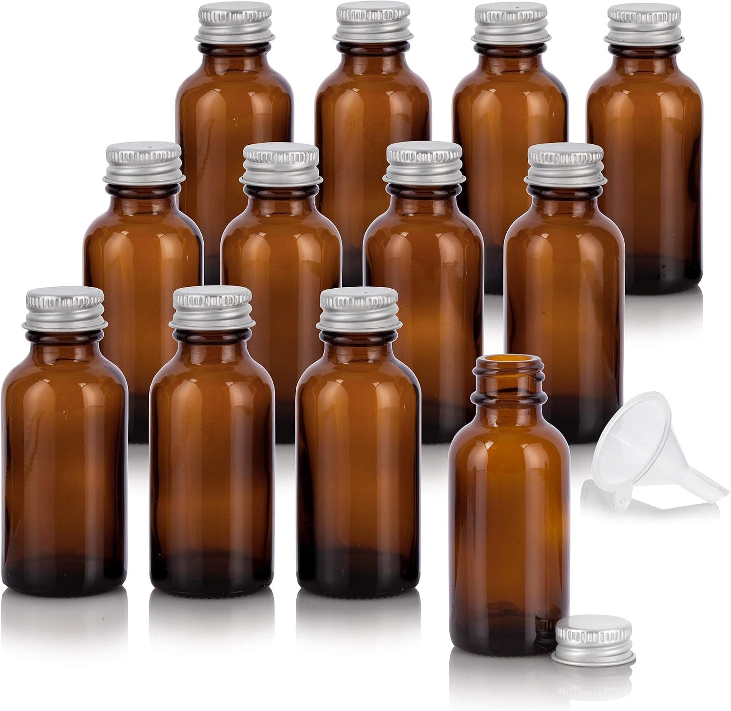 JUVITUS 1 oz / 30 ml Amber Glass Boston Round Bottle with Silver Metal Screw On Cap (12 Pack) + Funnel