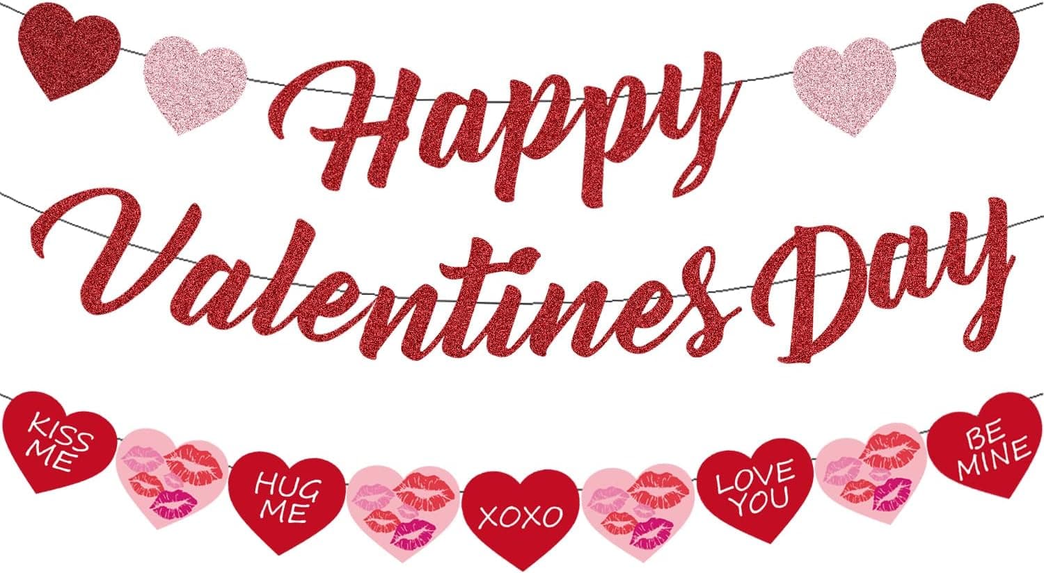 Happy Valentines Day Banner, Valentines Day Decoration-Red Pink Glitter, Valentines Day Banner,Conversation Hearts Decor,Hearts Garland Banner, Valentines Garland For Mantle,Candy Hearts Decorations