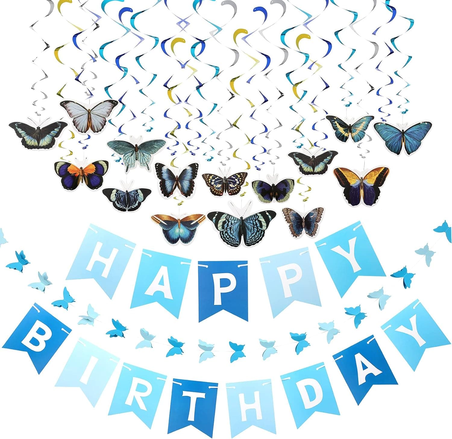 79 Pieces Butterfly Birthday Party Decorations Supplies Butterfly Hanging Swirls Paper Butterfly Garlands Happy Birthday Banner Backdrop for Home Classroom Birthday Garden Party (Blue Sky Style)