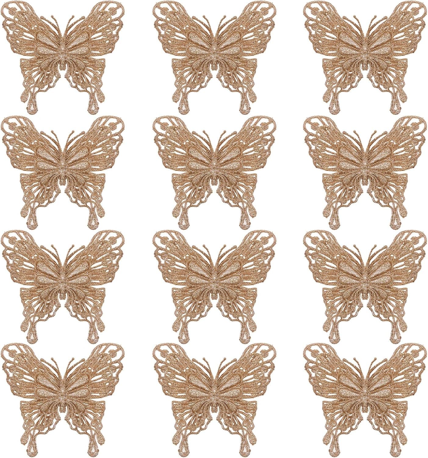Jilimeli 12 PCS Glitter Butterfly Christmas Tree Ornaments, Hollow-Out Butterfly Christmas Decoration with Clips, Craft Christmas Ornaments, Christmas Tree, Garland, Home Decorations, Champagne
