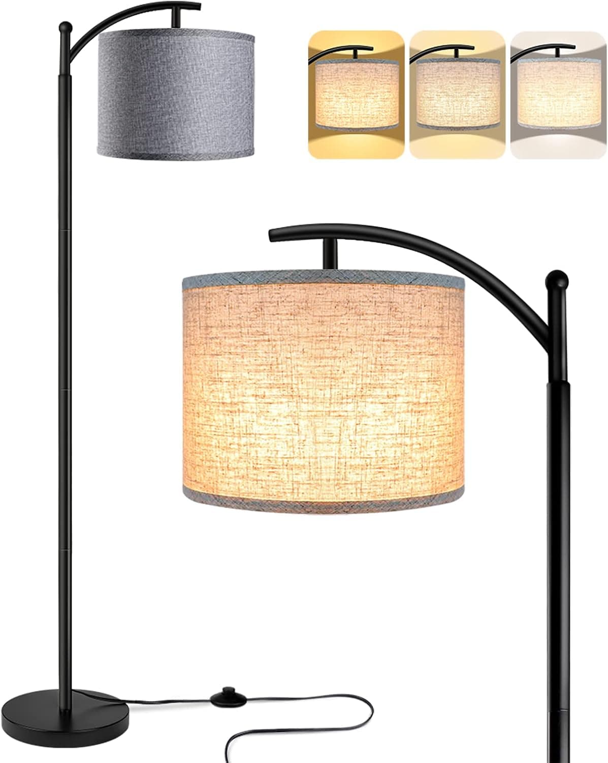 ROTTOGOON Floor Lamp with 3CCT LED Bulb, Lamp for Living Room with Gray Linen Lamp Shade, Modern Standing Lamp Floor Lamps for Bedrooms - Black