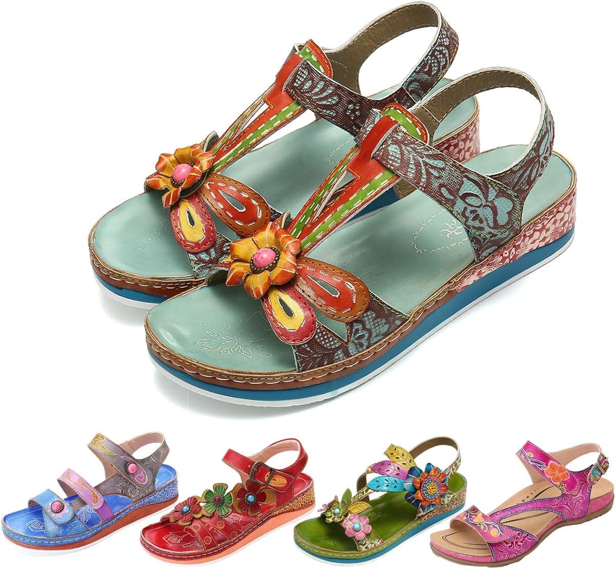 CAMFOSY Leather Sandals for Women, Womens Summer Flat Sandals Open Toe Walking Shoes Platform Wedges Wide Width Beach Dressy Sandals Ankle Strap Summer Shoes Handmade Sandals