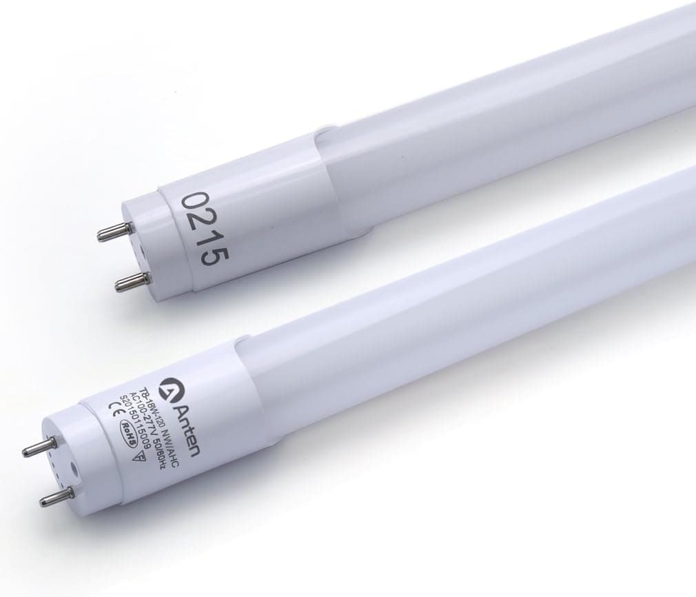 2-Pack of Anten T8 LED Shop Light Tube, 4ft, 18W, 6000K (Bright White Glow), Single-Ended Power, Milky Cover, G13 Lighting Fixtures, UL-Listed