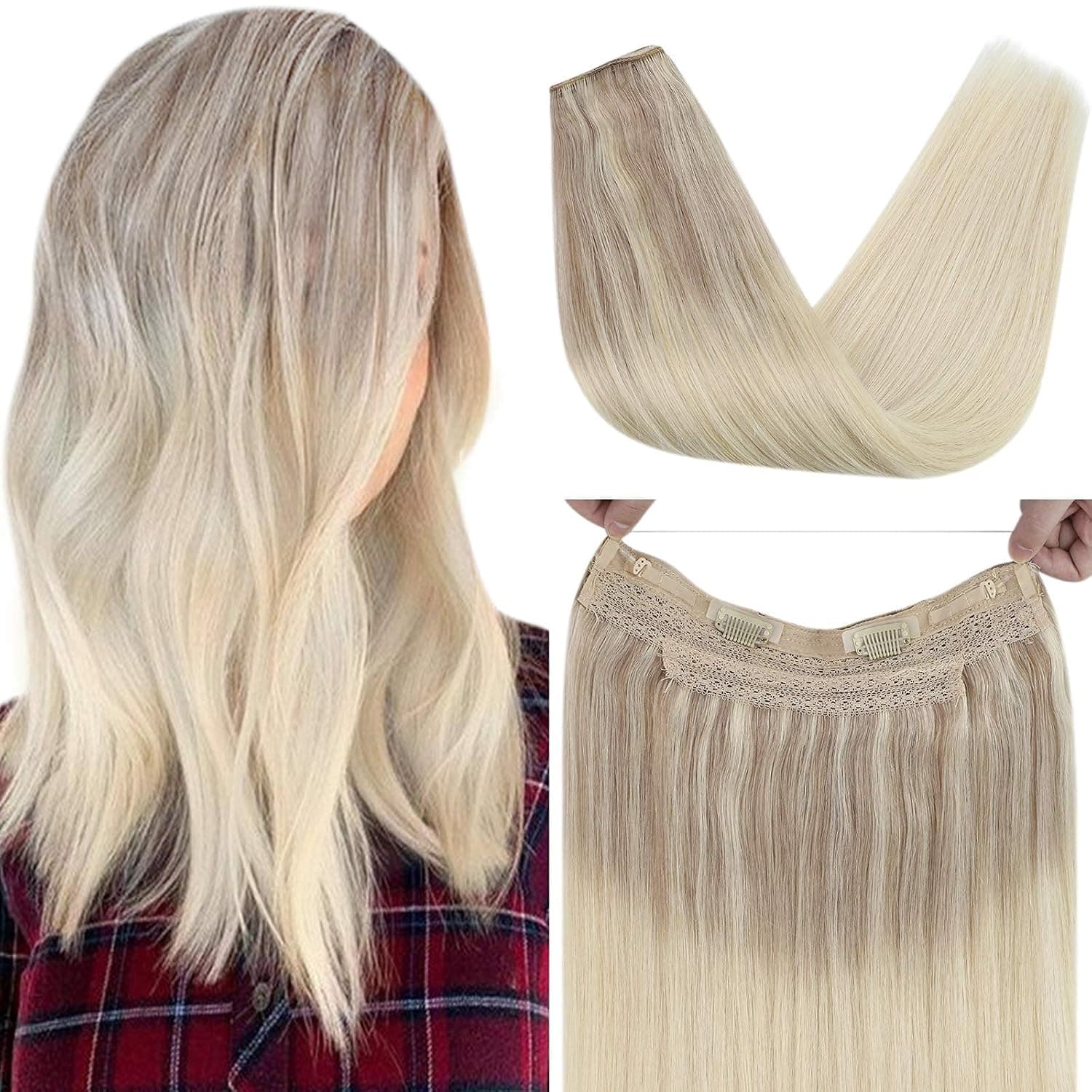 VeSunny Fish Wire Real Hair Extensions Ombre Blonde #Nordic Invisible Wire Extensions Ash Blonde Mix Platinum Blonde Hair Extensions Fish Line Silky Straight Human Hair Wire Extensions 16inch 80g