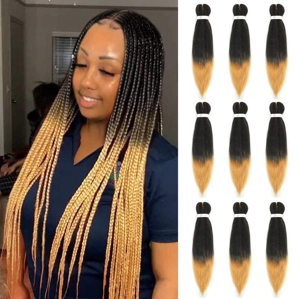 LYbeauty Braiding Hair Pre stretched Kanekalon 9 Packs/Lot 24 Inch Synthetic Ombre Braiding Hair Extensions Free Hot Water Setting Professional Soft Yaki Texture Crochet Twist Braid Hair (24", T1B-27)