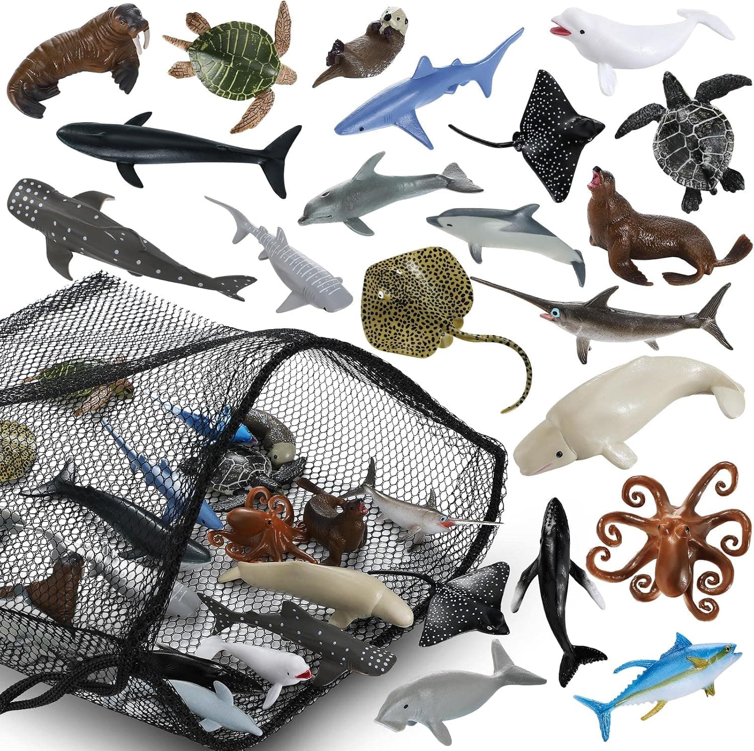 Civaner 20 Pack Realistic Shark Toys Ocean Animals Toys with Mesh Bag Assorted Sea Animal Toys Including Shark, Whale, Dolphin Bath Toys for Ocean Life Party Decor Party Favors for Daughter and Son