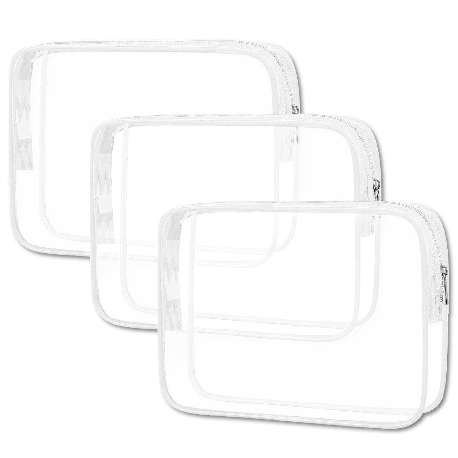 APREUTY Clear Makeup Bags, TSA Approved 3 Pcs Cosmetic Makeup Bags Set Clear PVC with Zipper Handle Portable Travel Luggage Pouch Airport Airline Vacation Organization（White