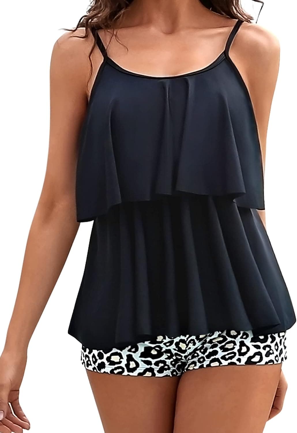 ATHMILE Tankini Sets Two Piece Bathing Suits for Women Ruffle Tank Top Swimsuits Boy Shorts Tummy Control Swimwear