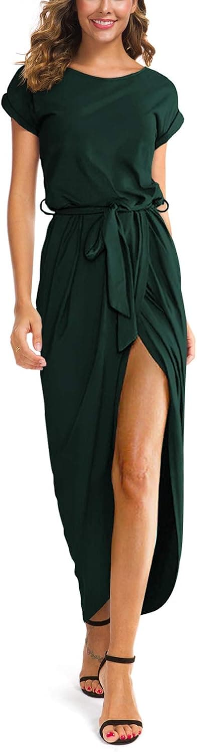 GRECERELLE Women's Short Sleeve Summer Dresses Elastic Waist Slit Casual Long Maxi Dress with Belt