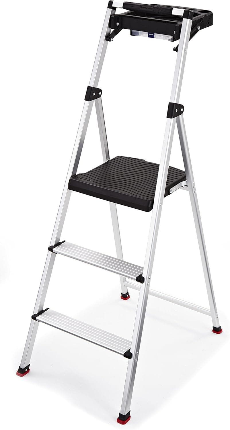 Rubbermaid RMA-3T 3 Lightweight Aluminum Step Stool with Project Tray, Silver