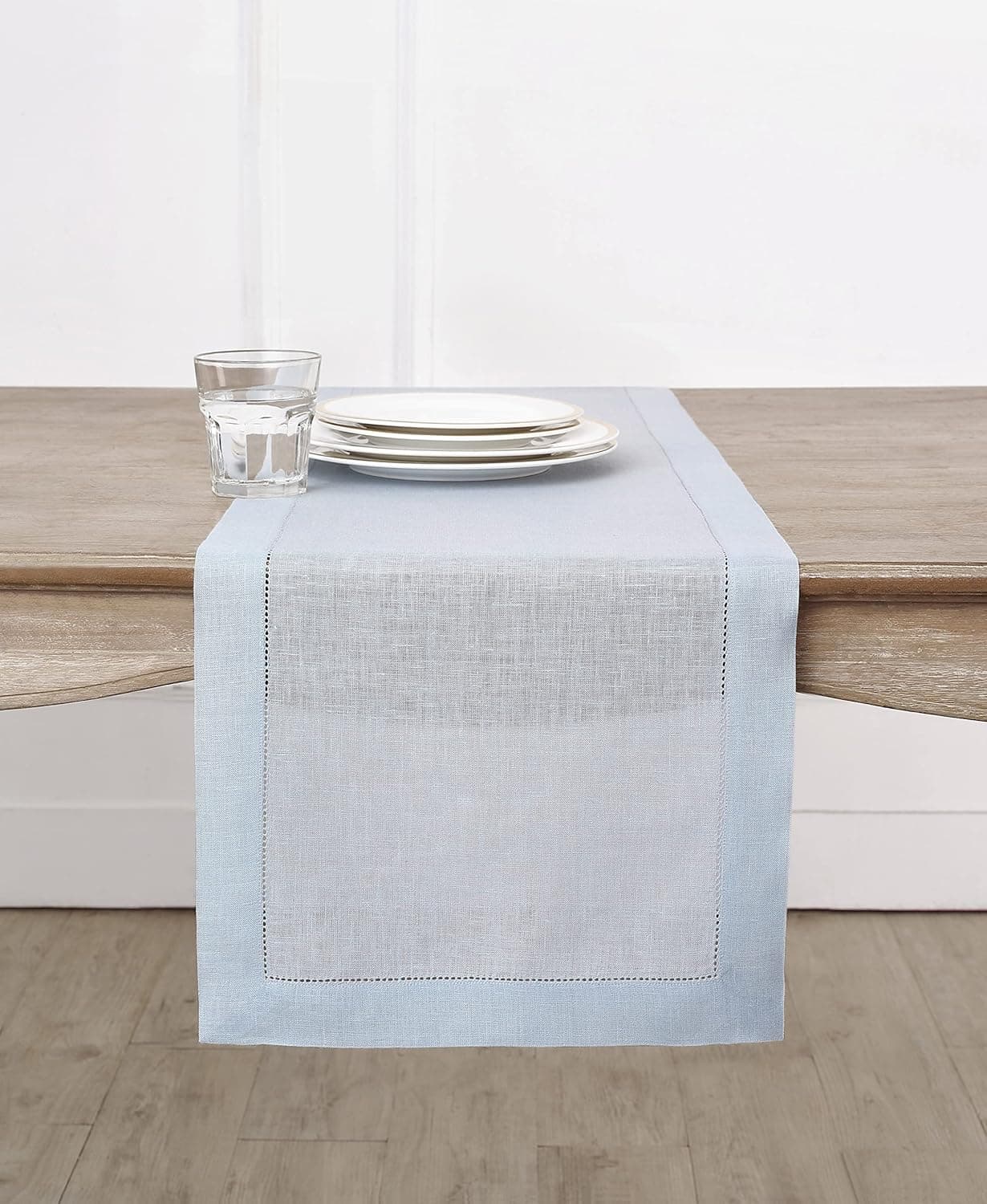 Solino Home Pure Linen Table Runner – Light Blue 14 x 120 Inch – 100% Linen Fabric Classic Hemstitch Table Runner for Spring, Summer, Dining, Living – Handcrafted from European Flax