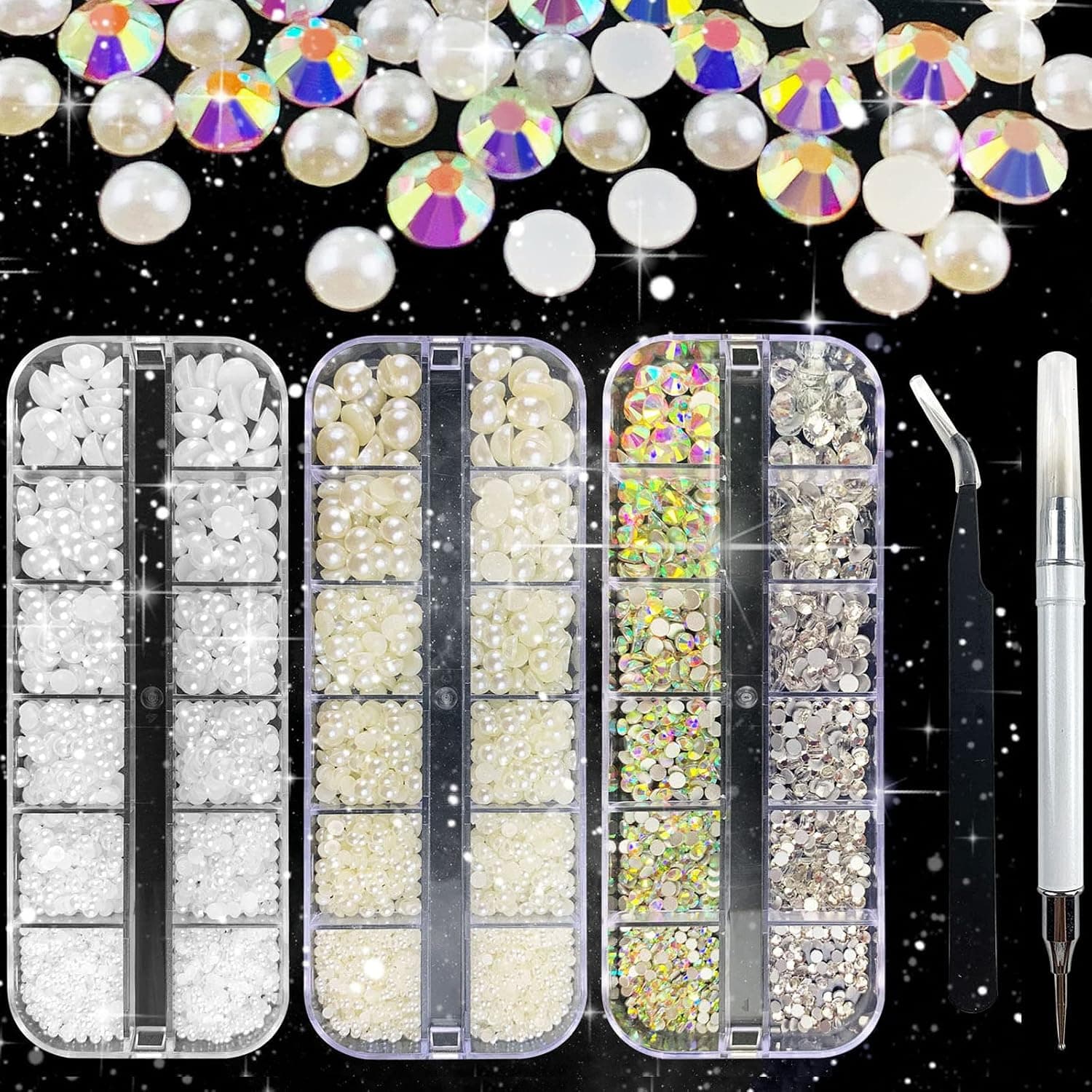 4700 PCS Pearls and Rhinestones, Flat Back Multi Size & Round for Face Gems, Nail Art, Craft Decorations with Picker Pencil and Tweezers (Clear & AB Crystals + White & Beige Pearls)