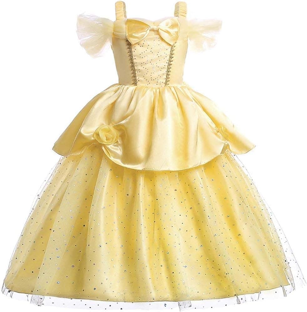 Little Girls Yellow Roses Princess Costume Dress Off Shoulder Layered Dress up