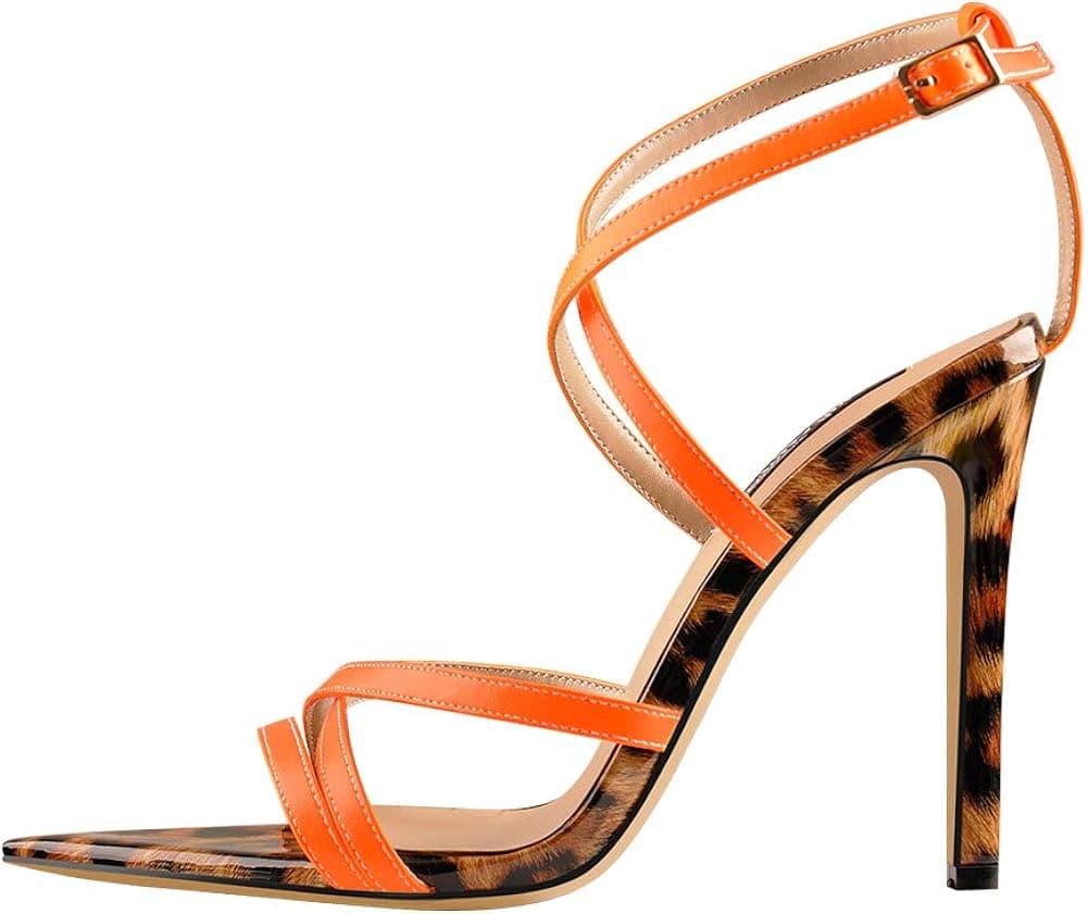 Yolkomo Women's Pointy Open Toe High Stiletto Heel Cross Strap Ankle Buckle Dress Wedding Prom Sandals Orange Size 6