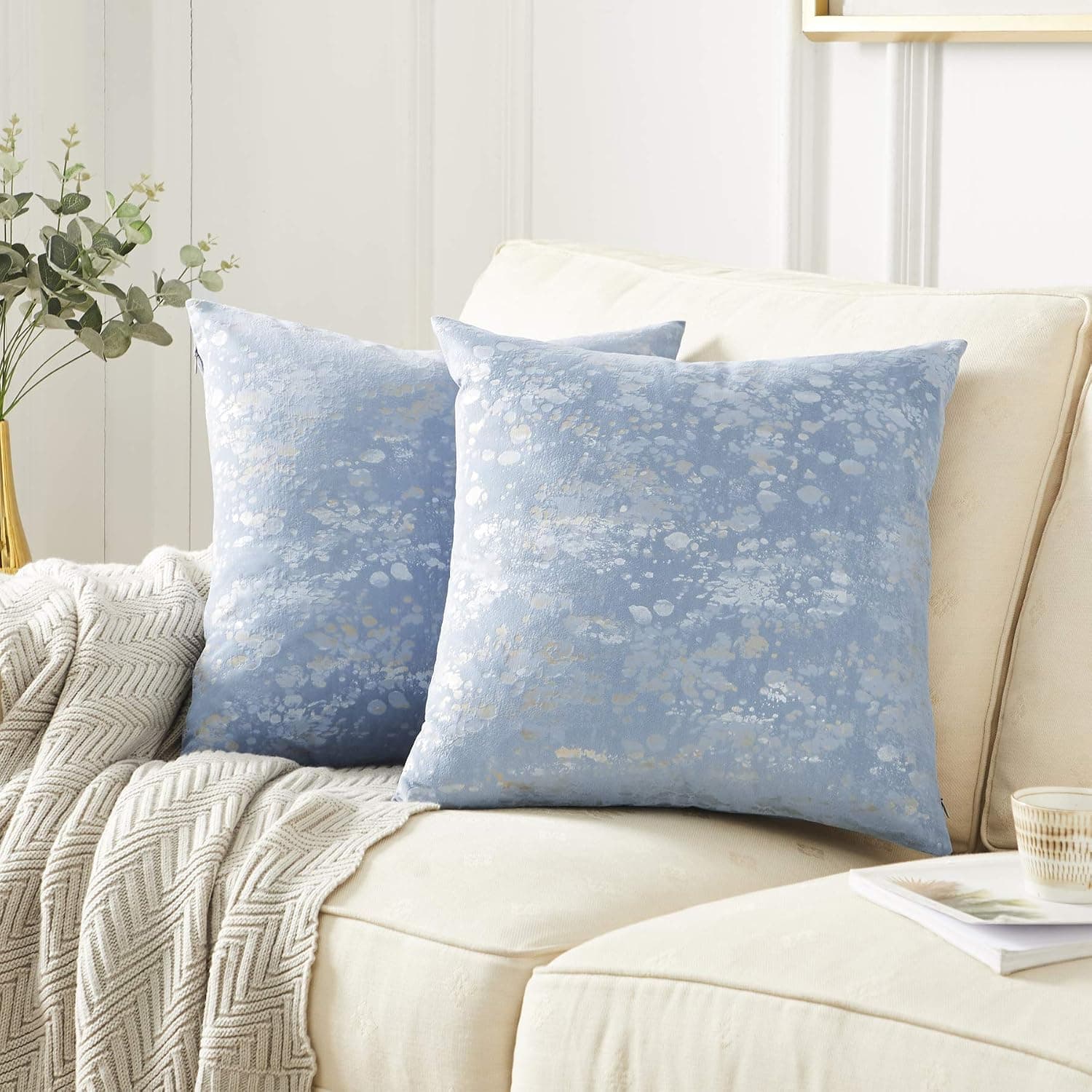 GIGIZAZA Velvet Decorative Throw Pillow Covers, 18x18 Sky Blue Silver Gold Couch Pillow Covers,Pack of 2