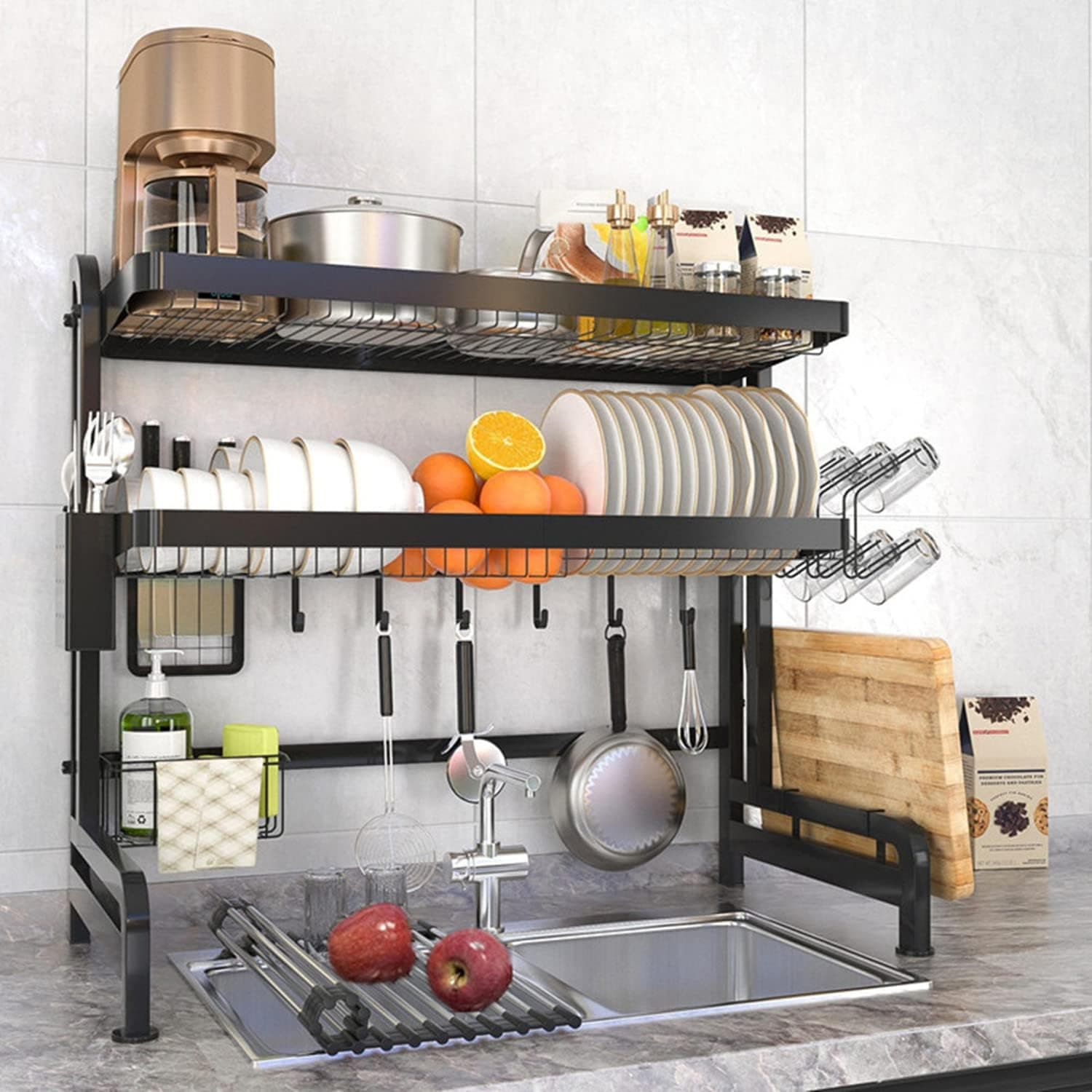 3 Tier Over Sink Dish Drying Rack with Roll-Up Dish Drying Rack Set,Adjustable (24.5"-37.8") Large Dish Rack Drainer for Kitchen Storage Counter Organizer, Full 304 Stainless Steel Shelf