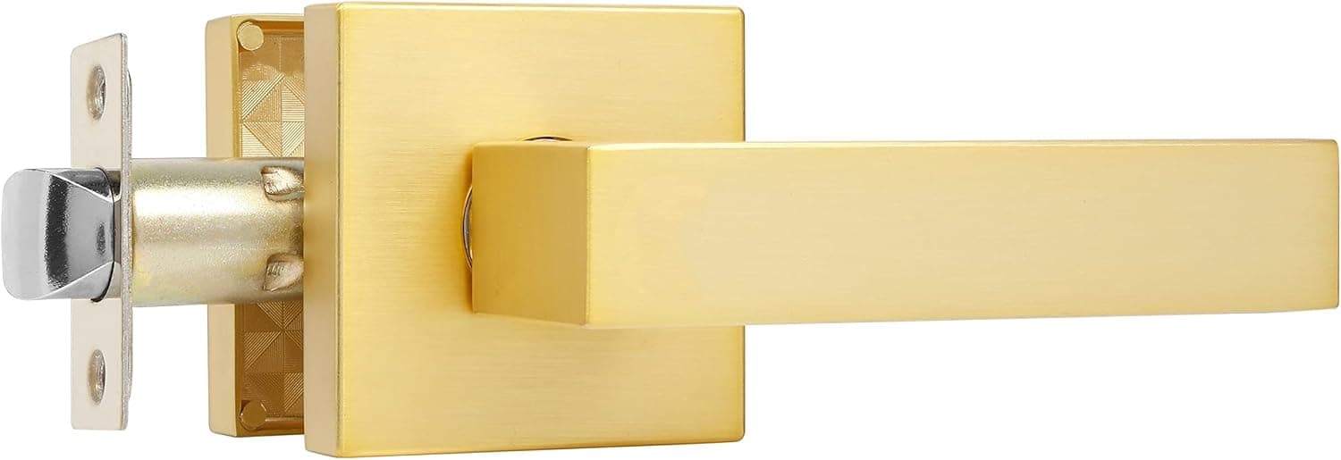 Leydebong 1 Pack Square Passage Door Handles,Interior Door Locks for Hall/Closet,Stain Brass Finished,Modern Golden Door Handle