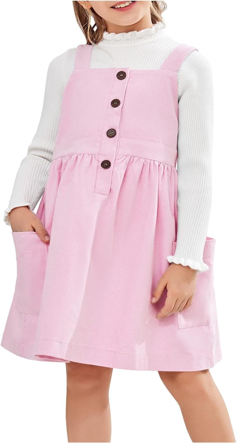 Laseily Girl's Corduroy Overall Dress Button Down Square Neck Pleated Elegant Winter Dresses with Pockets