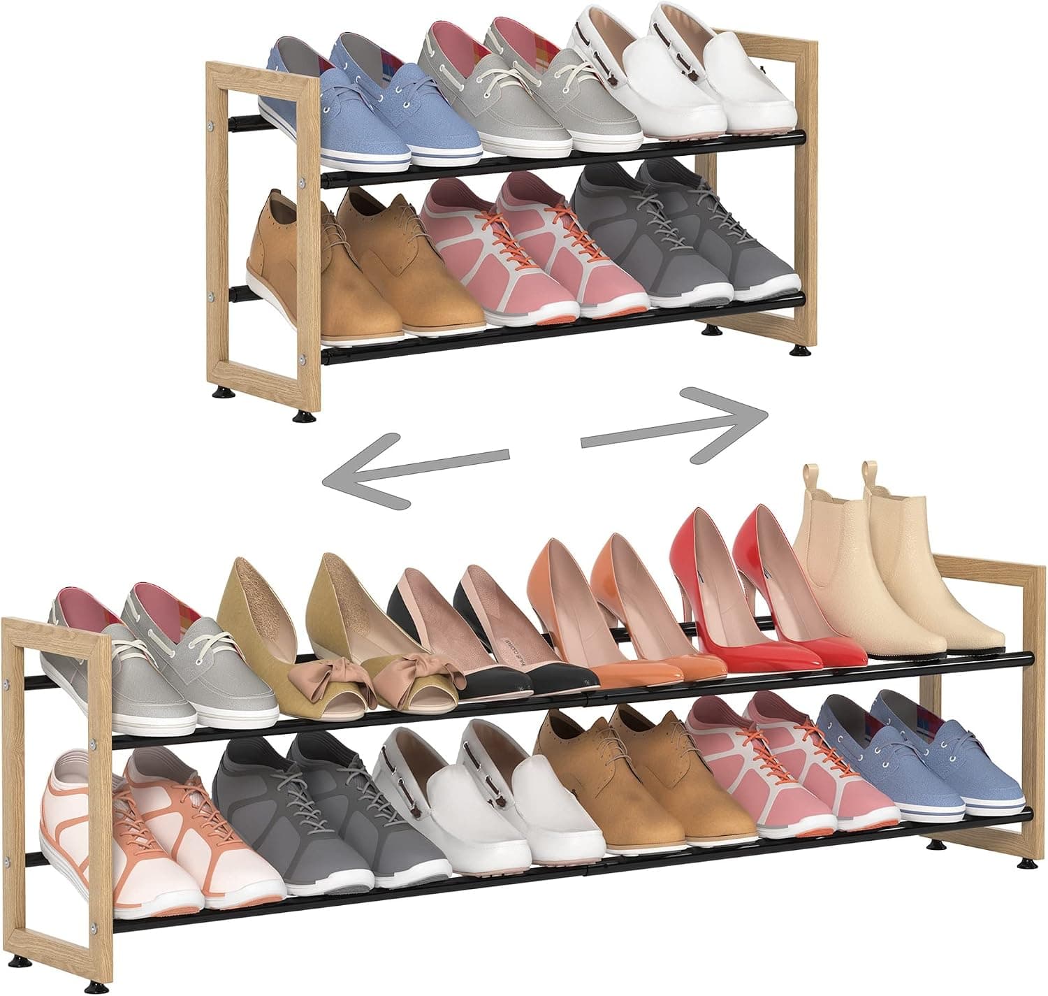 FKUO 2 Tier Shoe Rack for Closet Metal Free Standing Narrow Large Shoe Racks, Expandable Shoe Storage Organizer Shelf for Entryway, Hallway, Dorm Room (Wood Grain, 2 Tier Long)