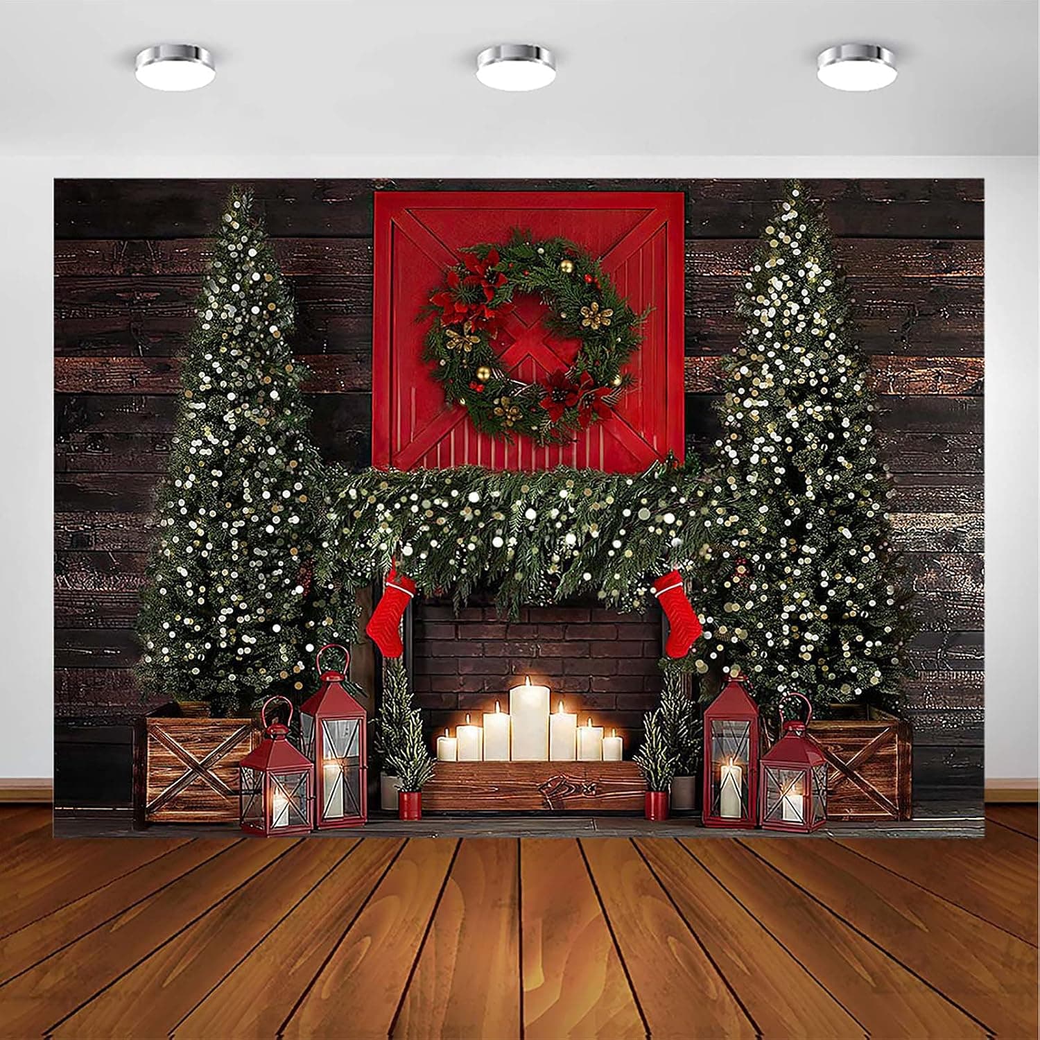 Avezano Christmas Backdrop for Photography 7x5ft Rustic Wood Xmas Tree Christmas Fireplace Photography Backdrops Child Portrait Family Holiday Photography Photoshoot Background