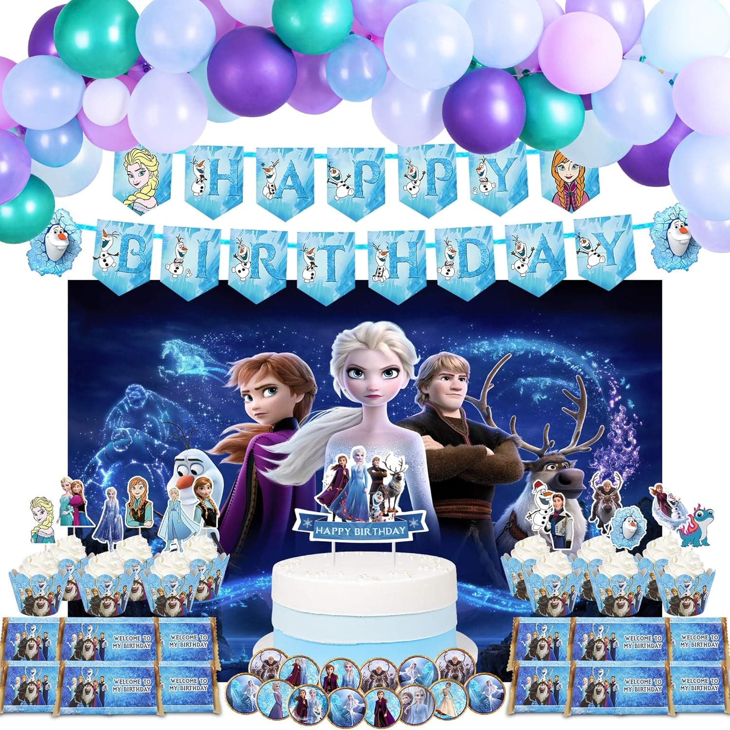 Frozen 2 Party Supplies Set -132pcs Birthday Decorations,Frozen 2 Photography Background Set  includes Happy Birthday Banner,Photography Backdrop,Cake Toppers,Cupcake Toppers and Wrappers,Chocolate Stickers,Foil Balloons,Latex Balloons Set