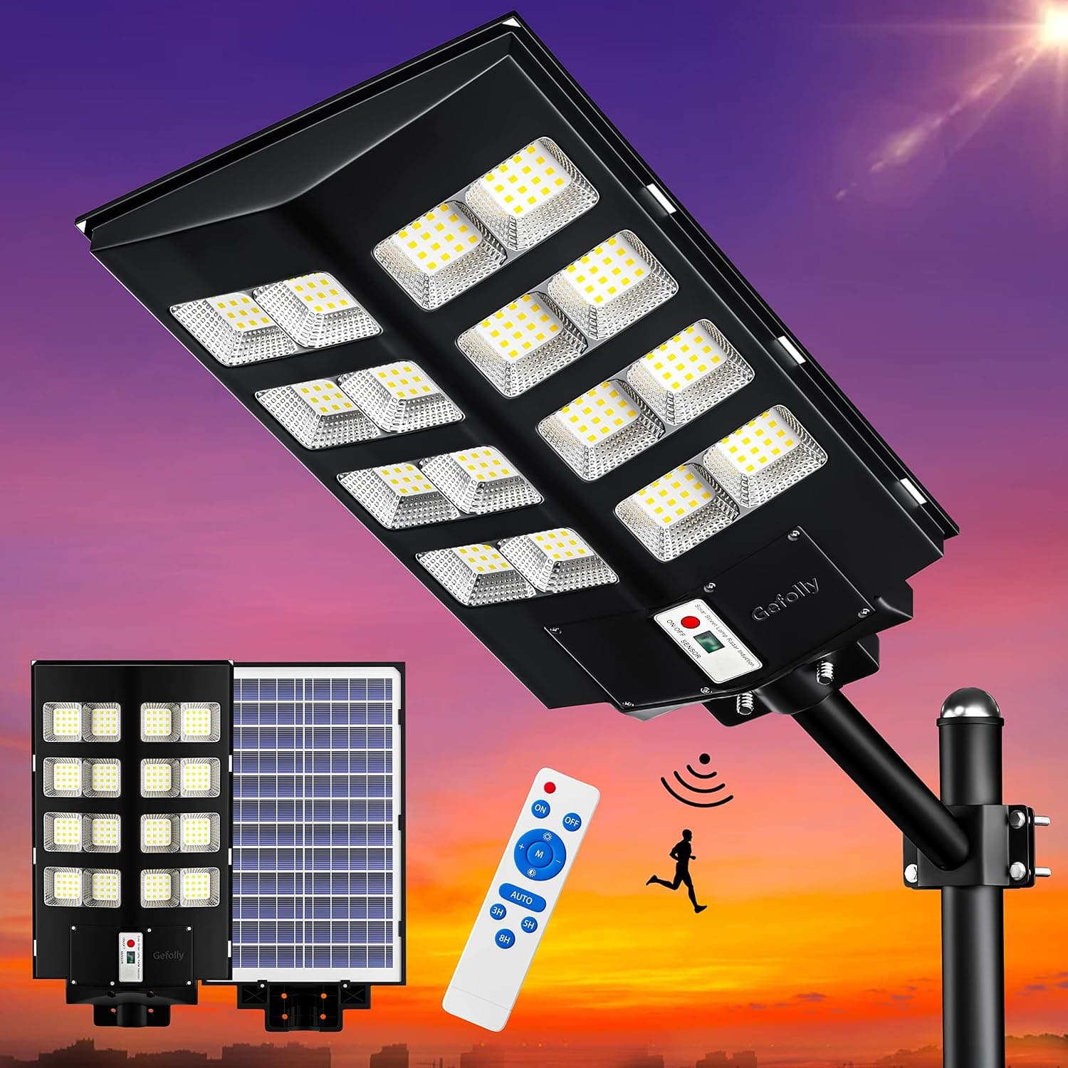 Gefolly 1000W Solar Street Lights Outdoor, 160000LM Commercial Parking Lot Light, 6500K Dusk to Dawn Solar Security Flood Lights Motion Sensor Solar Led Lamp for Basketball Court, Road, Playground