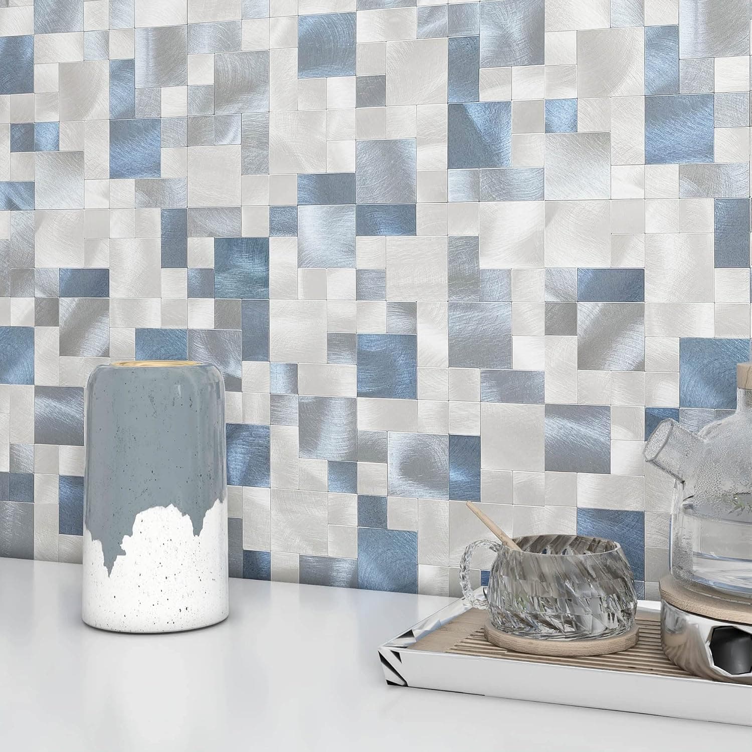 BeNice Mosaic Tile Peel and Stick Backsplash Tile for Kitchen, Metal Backsplash Bathroom Wall Tiles Self Adhesive(Blue,5sheets)