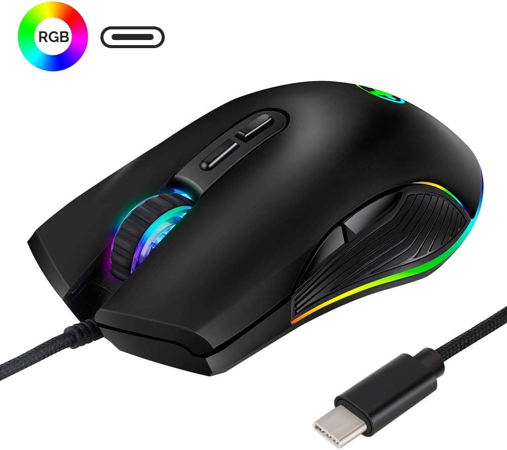 USB C Mouse, Ergonomic Mouse with 4 Backlight Modes up to 3200 DPI，RGB Wired Gaming Mouse with Type-C for Apple MacBook Pro 2017/2016, Matebook X, MacBook 12", Chromebook, HP OMEN, Windows PC