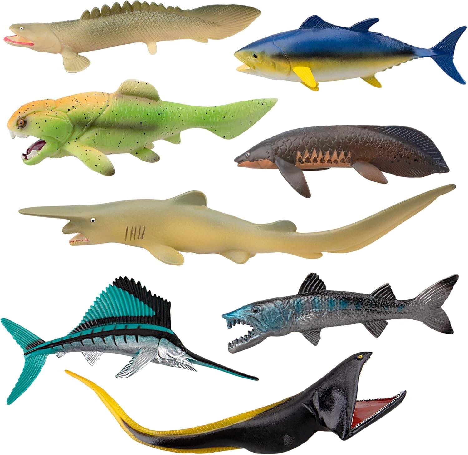 Toymany 8PCS Plastic Sea Animal Figures Ocean Animals Figurines Bath Toy with Dunkleosteus Shark Goblin Shark Pelican EEL Fish Figures Baby Shower Cake Toppers Birthday Gift for Kids