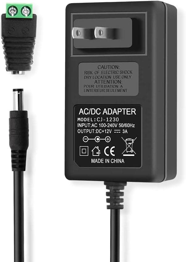 DC 12 Volt 3 Amp Power Supply, 3000mA 36W Max. 12Volt 3Amp AC Adapter, 100-240V AC to DC 12V 3A Power Adapter with 5.5mm x 2.5mm Tip and 1 Female Connector, for LED Strip Light TV Box CCTV Camera etc